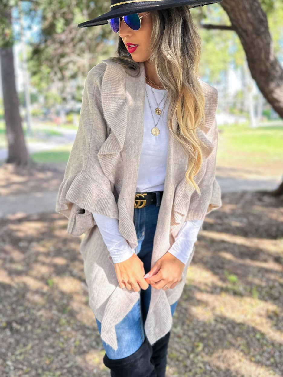 Oatmeal Beige Soft Knit Ruffle Detail Cardigan