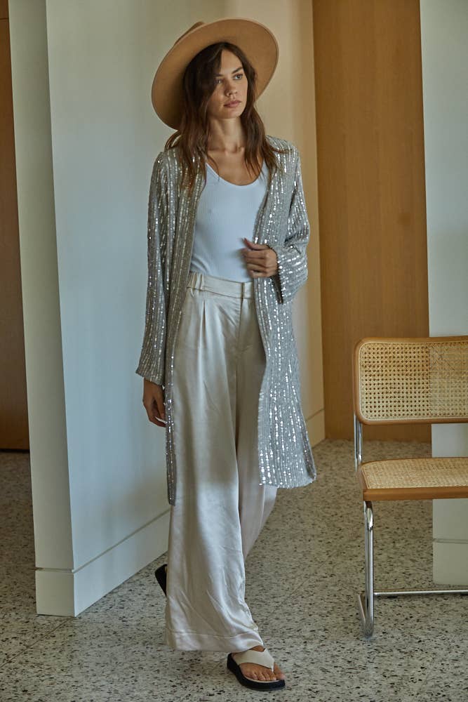 Woven Sequin Open Front Long Sleeve Cardigan