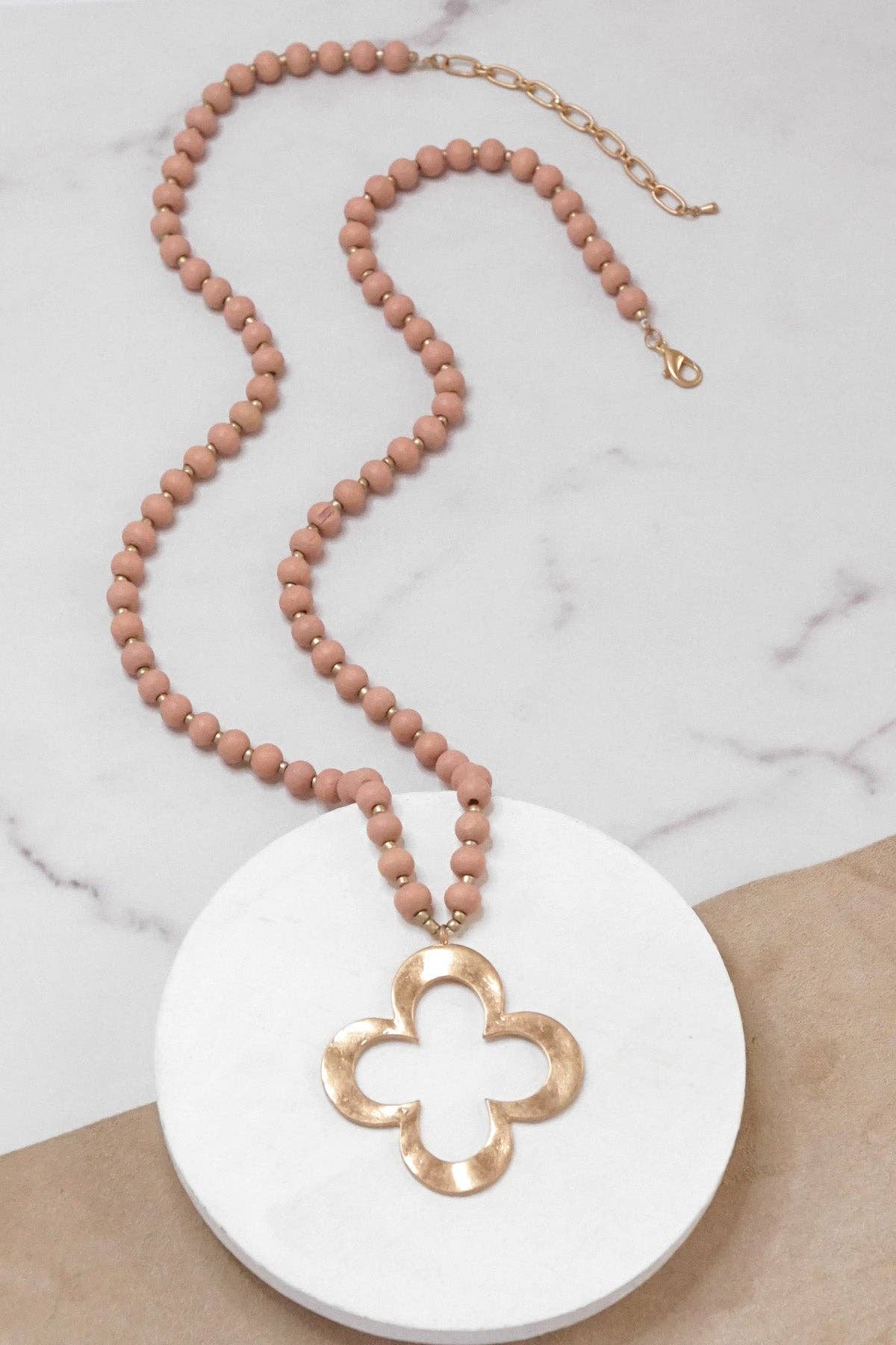 Long Wooden Bead Necklace with gold Open Clover Flower - Blush Muted Pink