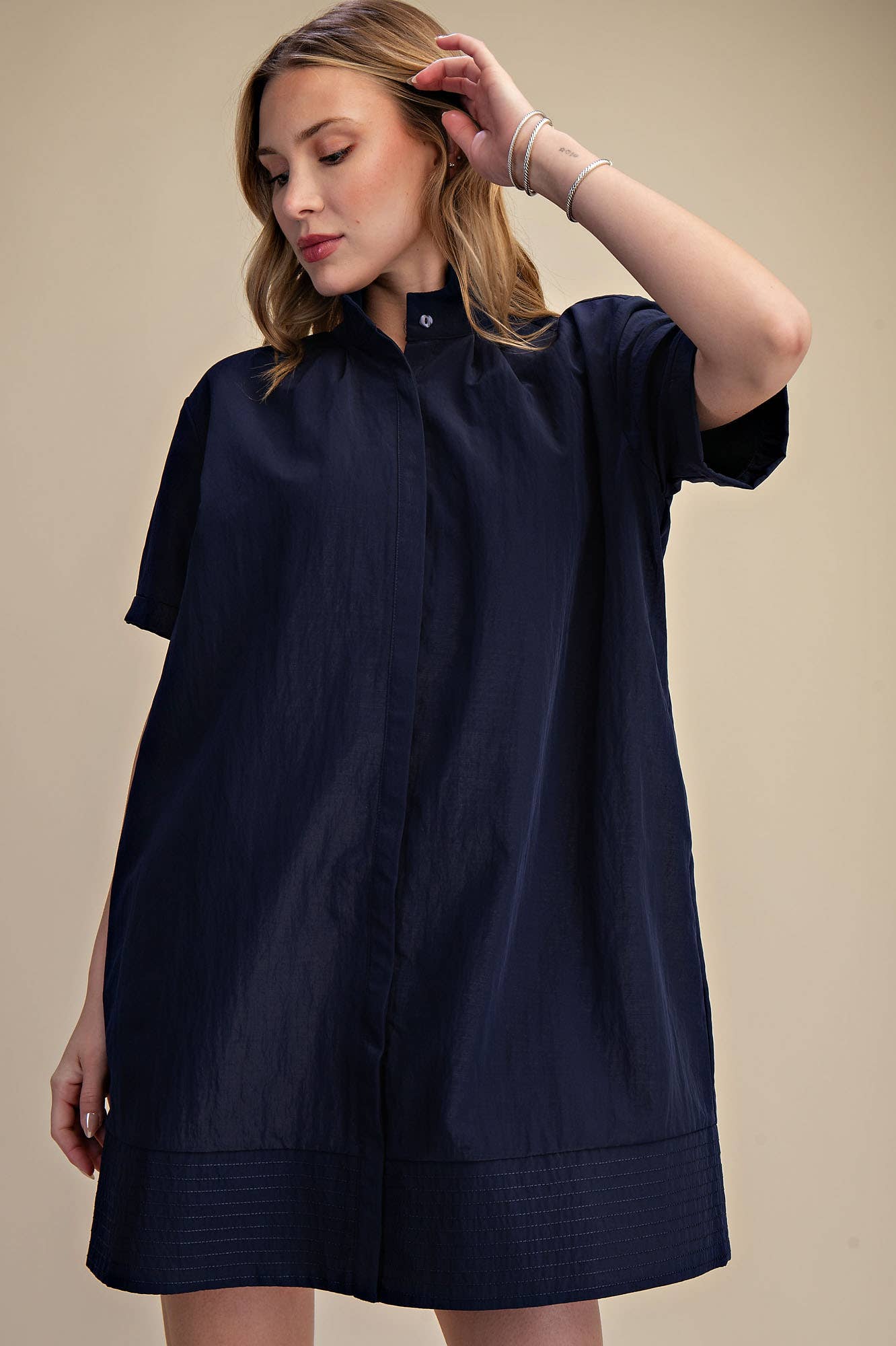 Stand Collar Short Sleeves Button Down Shift Dress