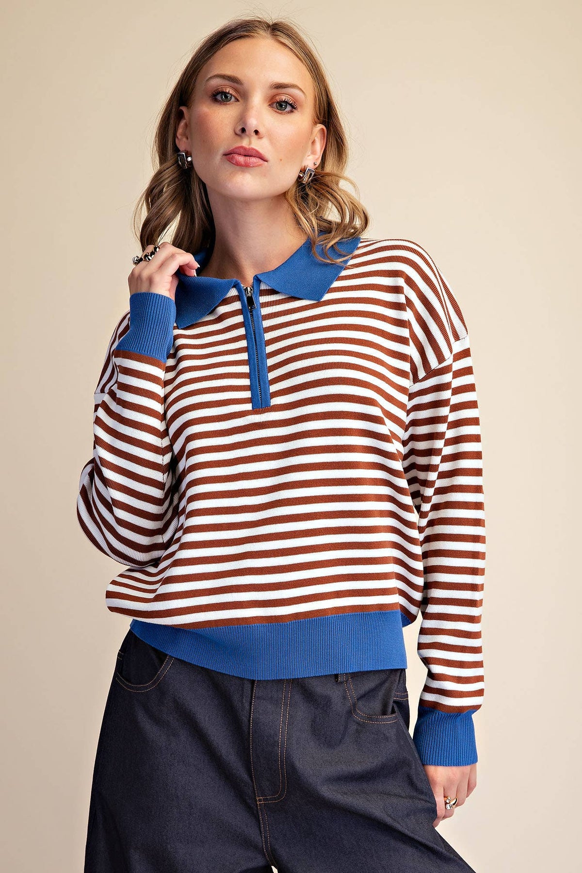 Collar Zip Neck Long Sleeve Stripe Sweater