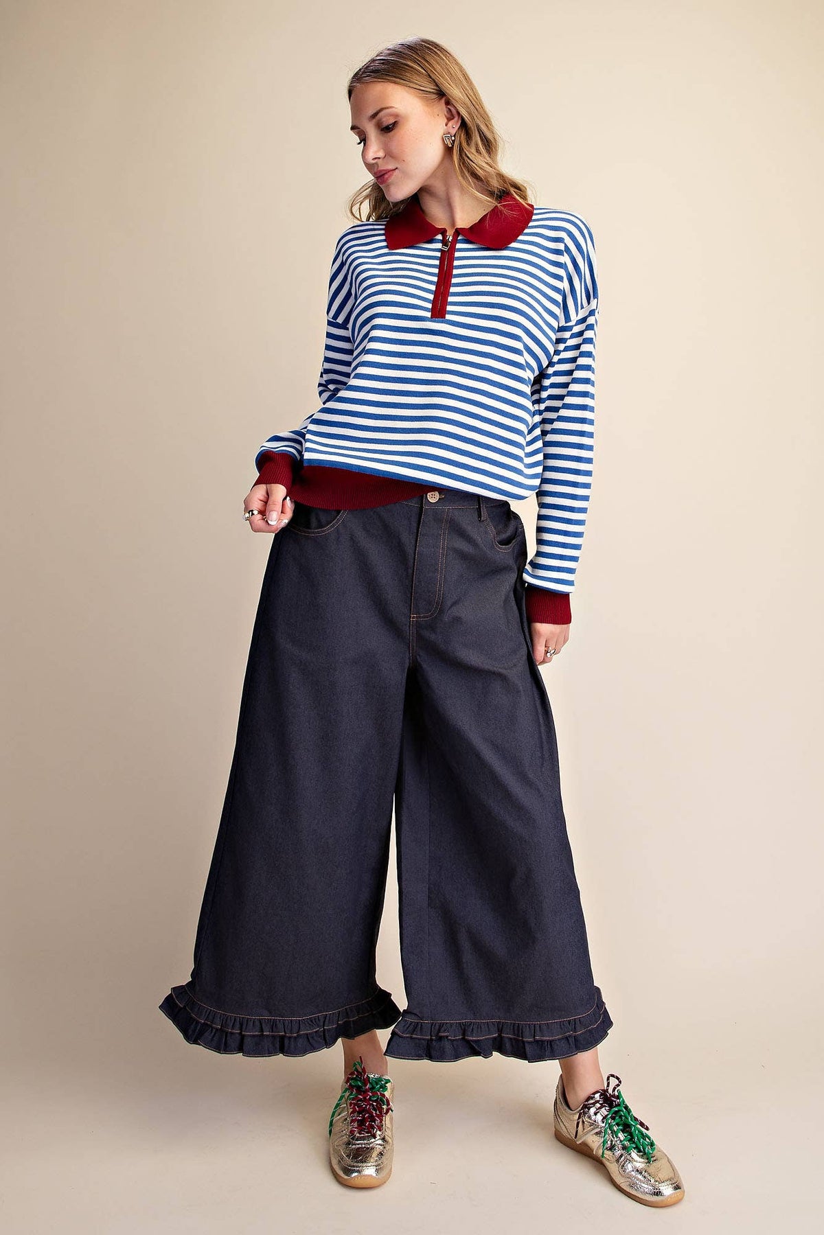 Collar Zip Neck Long Sleeve Stripe Sweater