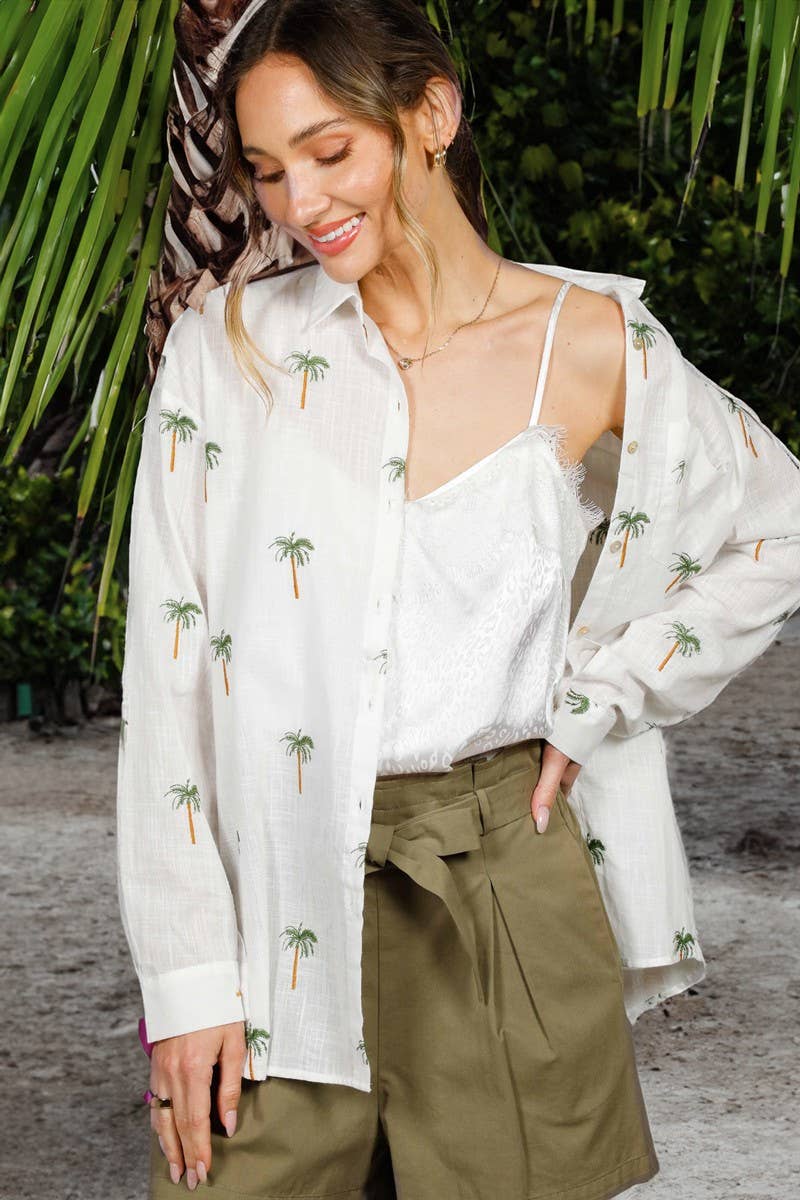 Collared Palm Tree Embroidered Blouse