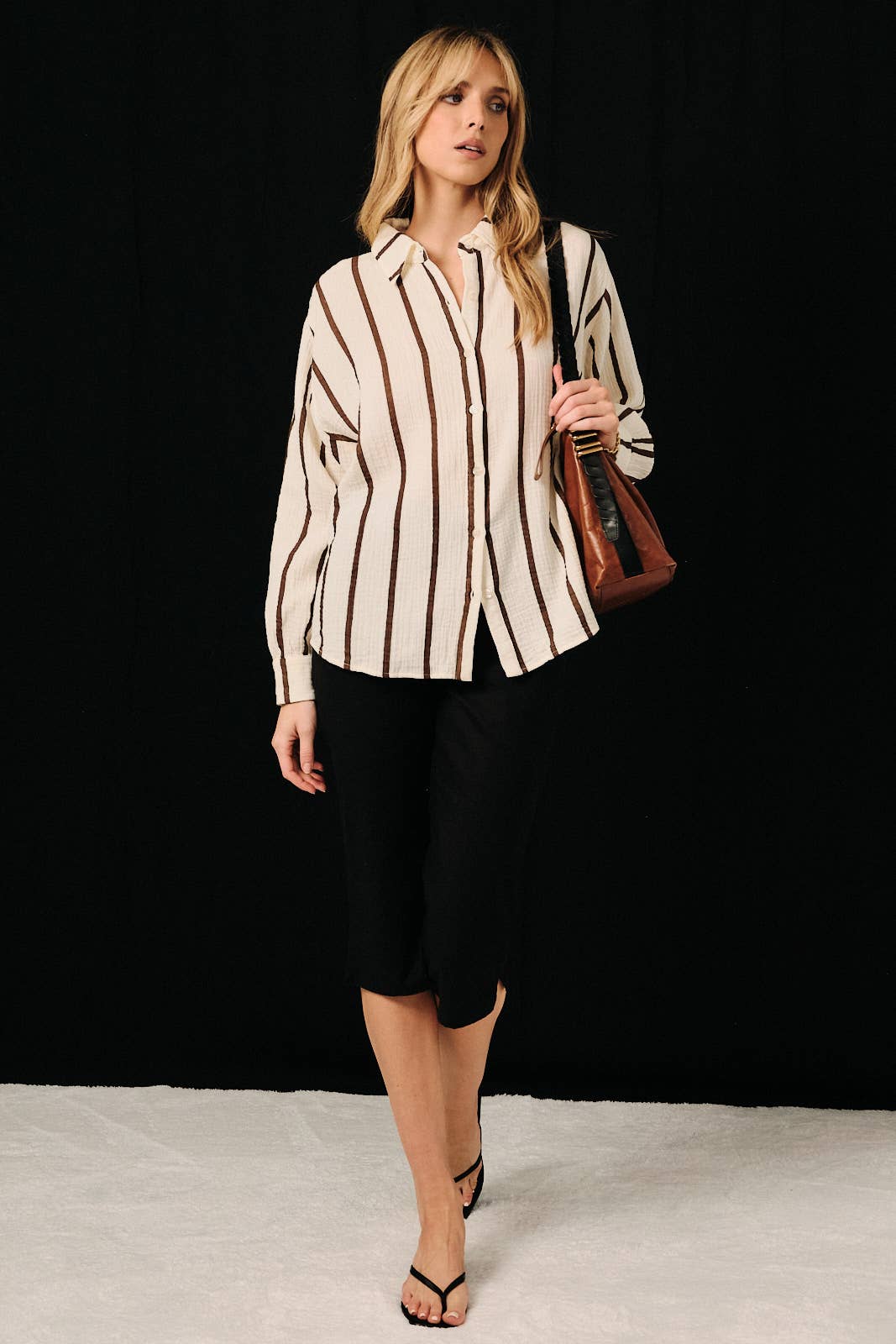 DOLMAN LONG SLEEVE BUTTON DOWN DOUBLE GAUZE STRIPE SHIRT