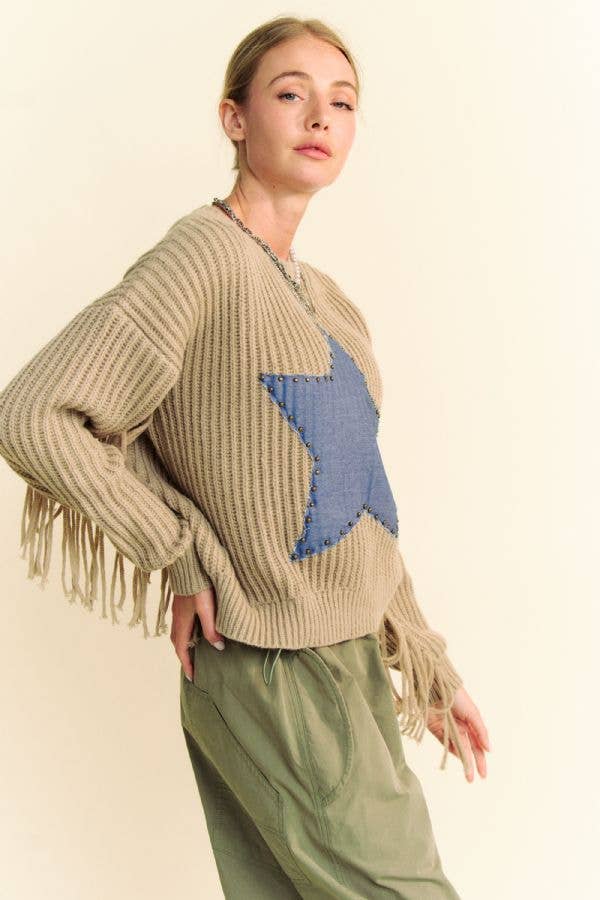 DENIM STAR STUD PATCH FRINGE LONG SLEEVE SWEATER