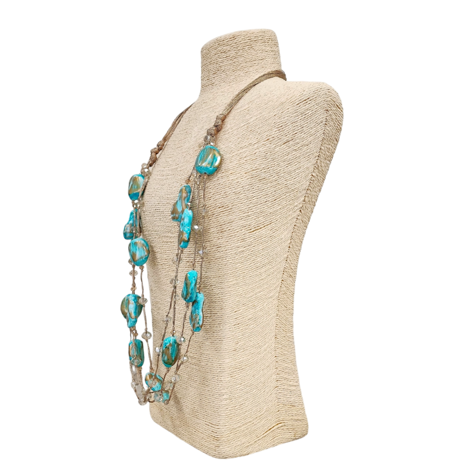 Long Turquoise Blue & Gold Multi Strand Necklace