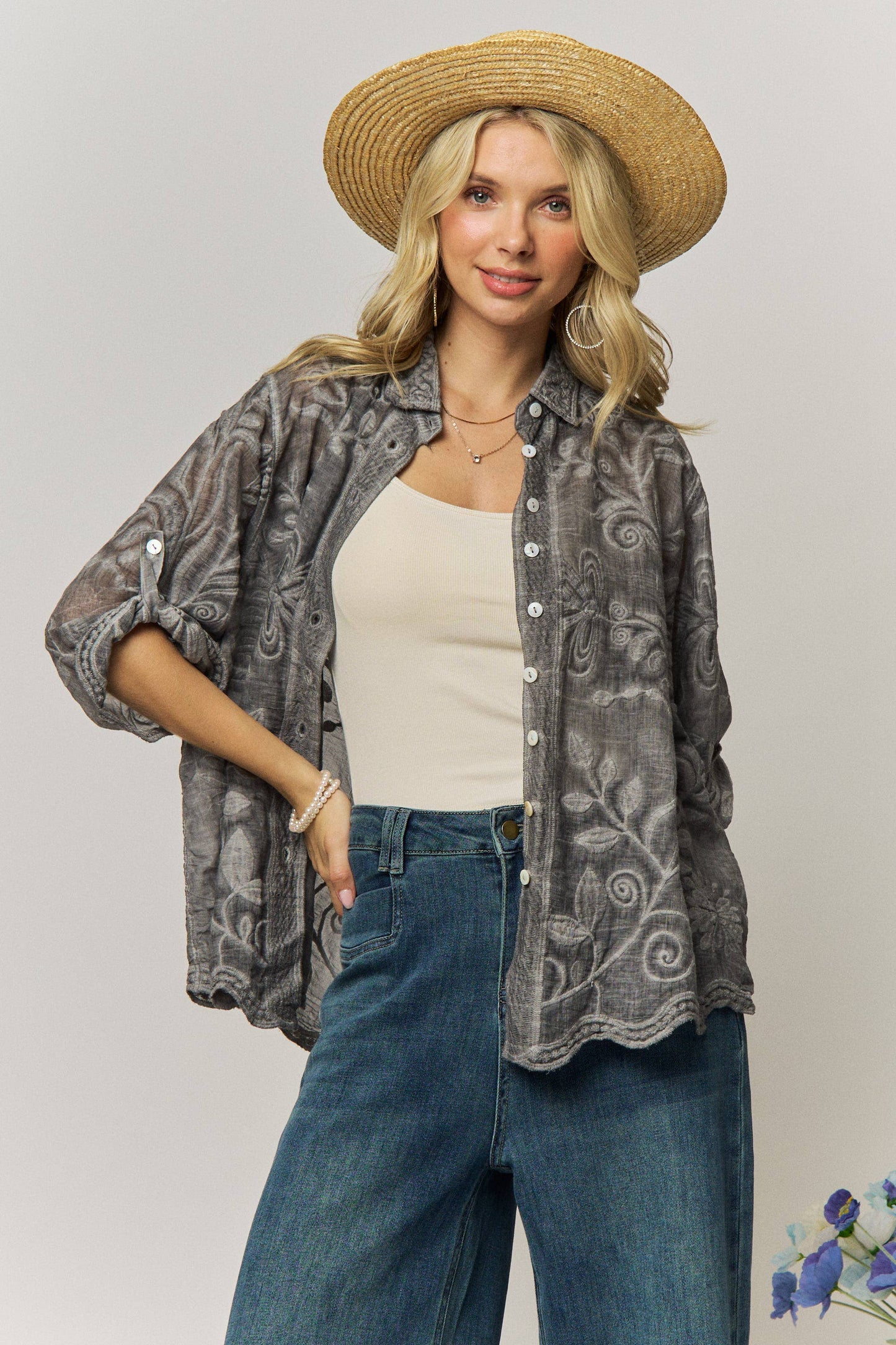 VINTAGE BOHO EMBROIDERED BUTTON-DOWN SHIRT