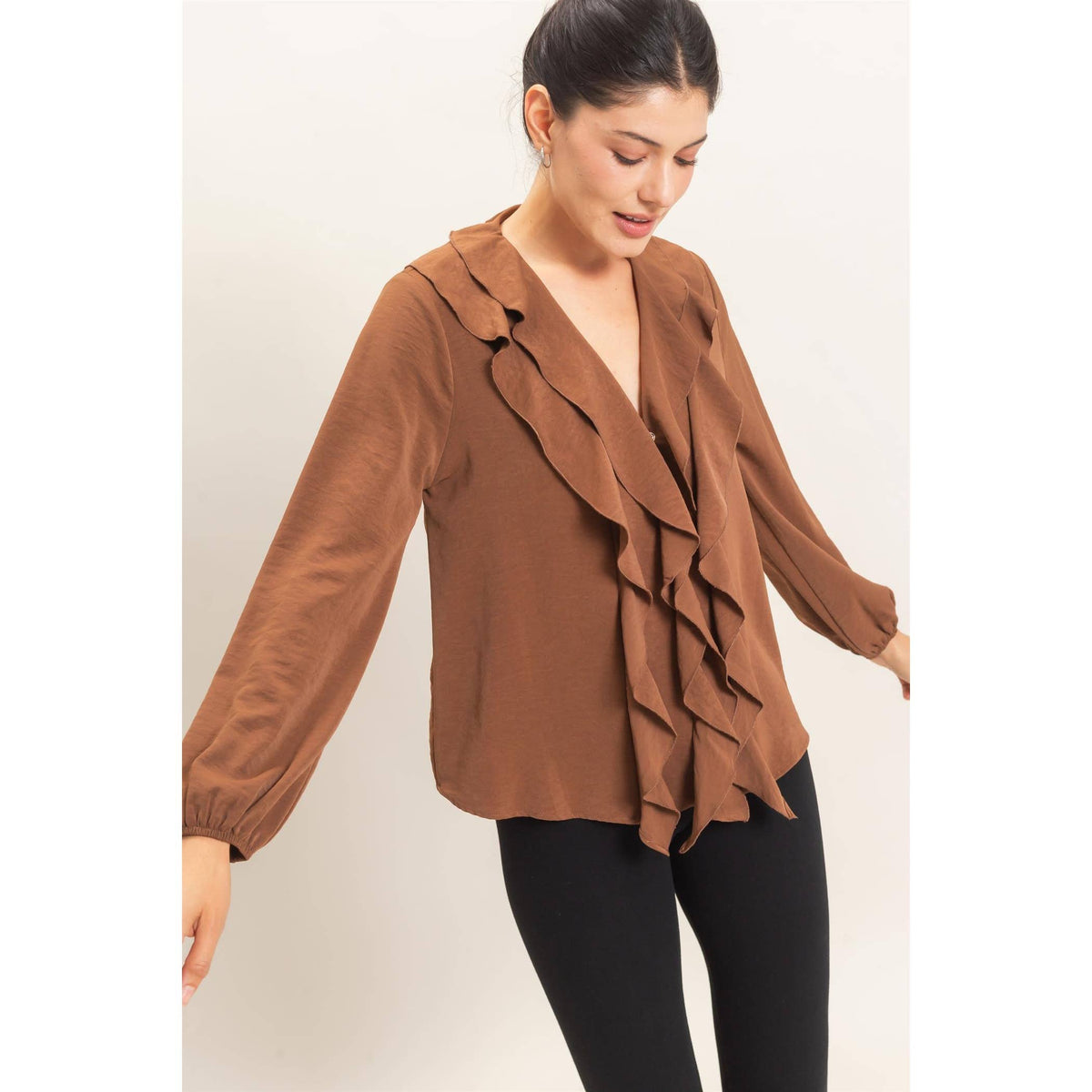 Ruffled V-Neck Button-Up Blouse