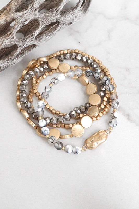 5 piece Boho Beaded Bracelets Stack Semi Precious Metal Glas