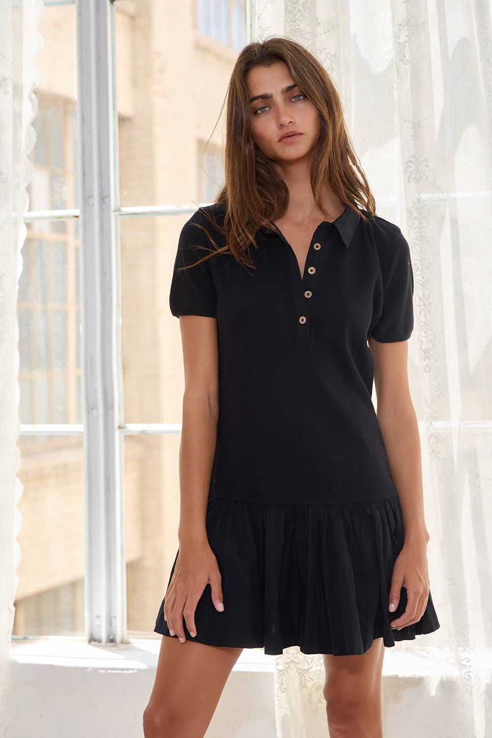 Polo-inspired Bodice Mini Dress With Ruffled Skirt