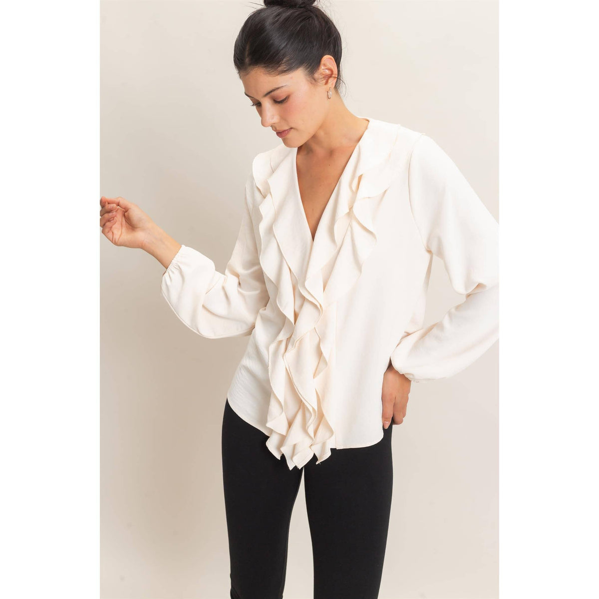 Ruffled V-Neck Button-Up Blouse