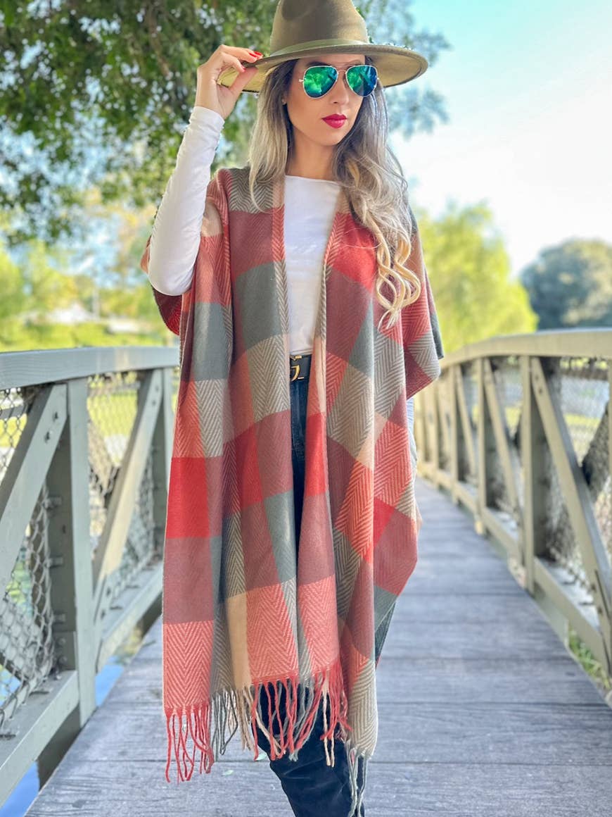 Elegant Rust  Check Plaid Ruana Cardigan with Tassels