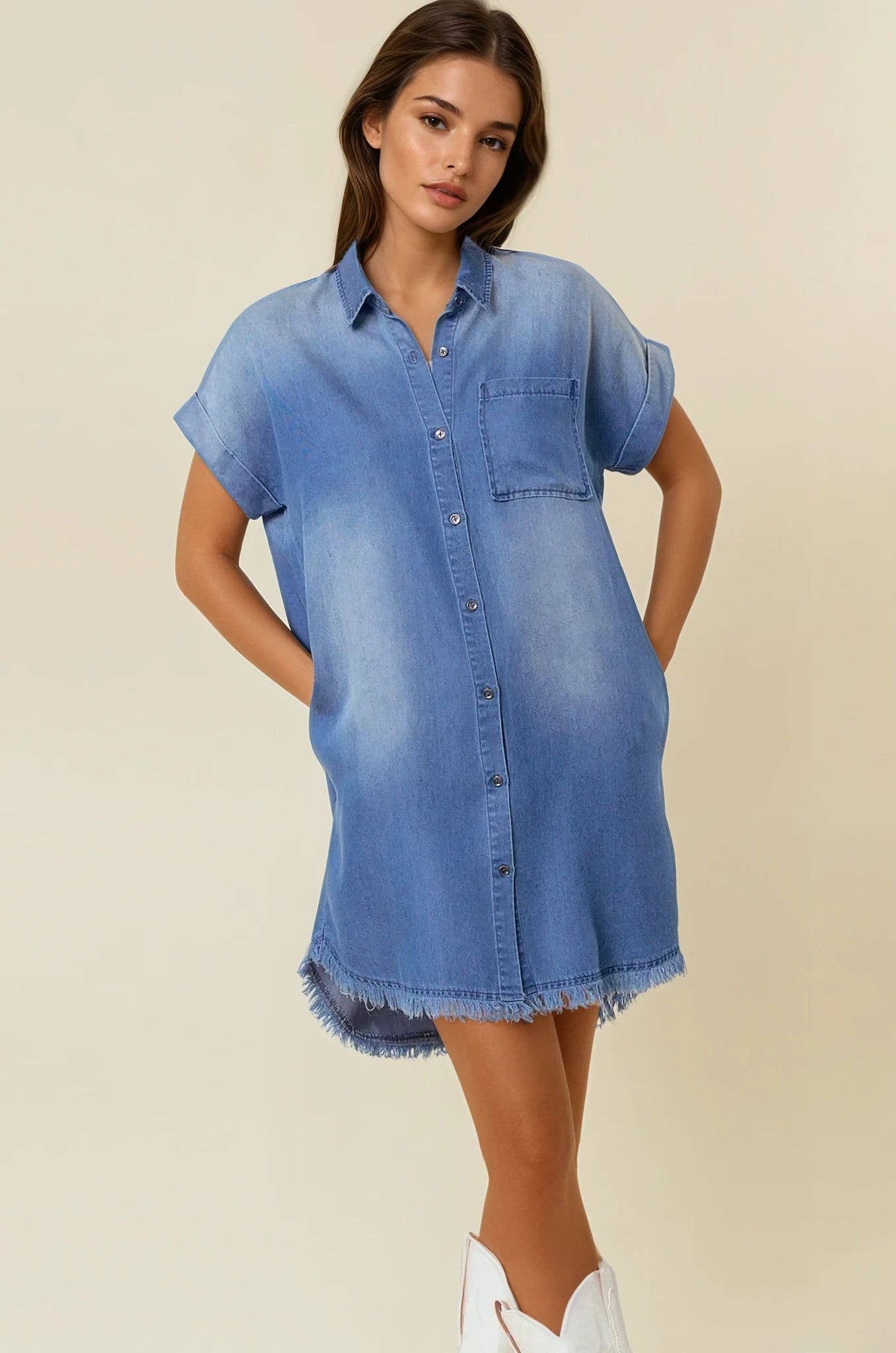 DOLMAN SHORT SLEEVE TENCEL DENIM SHIRT MINI DRESS - 27642D