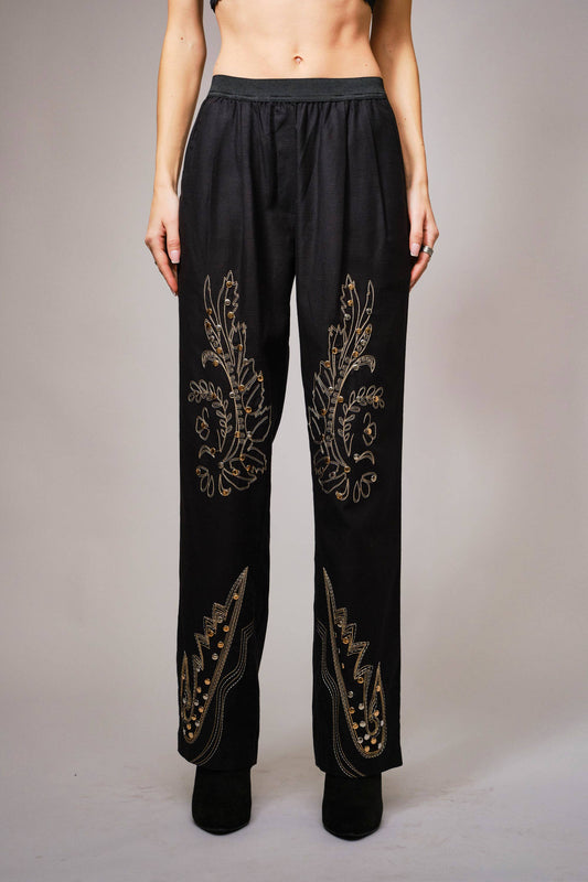 Twill Embroidered Stitchwork Studded Pants