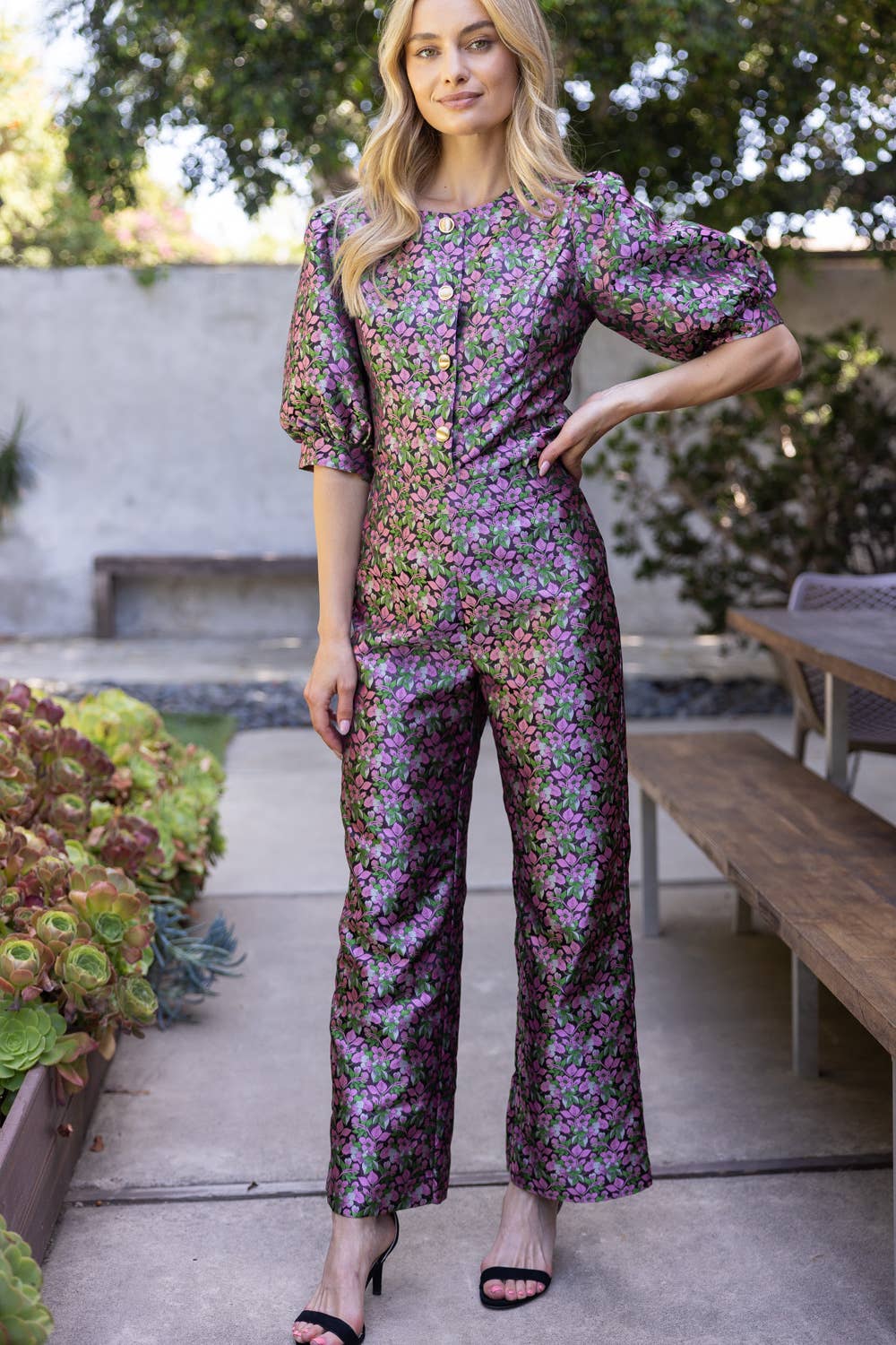 Mid Waist Floral Jacquard Straight Leg Pants