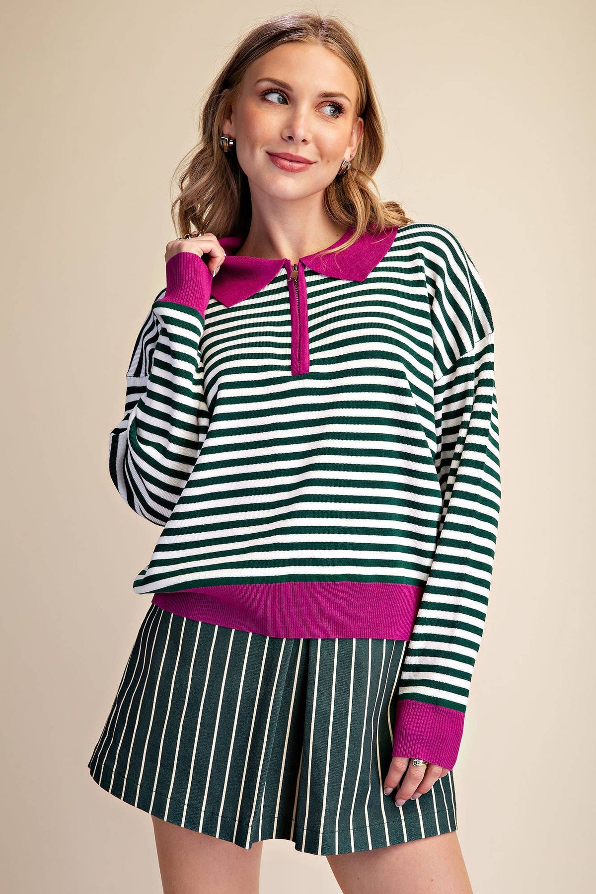 Collar Zip Neck Long Sleeve Stripe Sweater