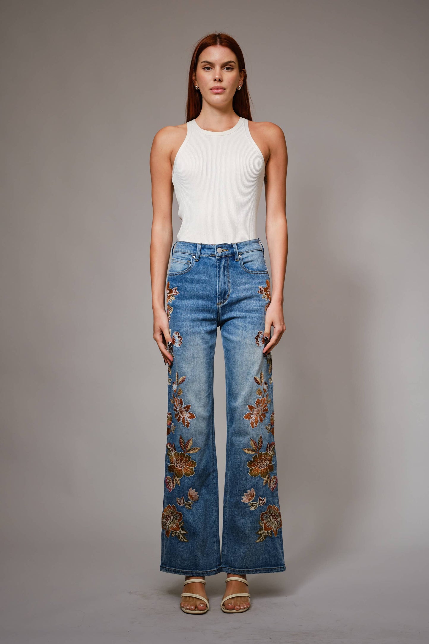 Flower Embroidery High Waist Flare Jean