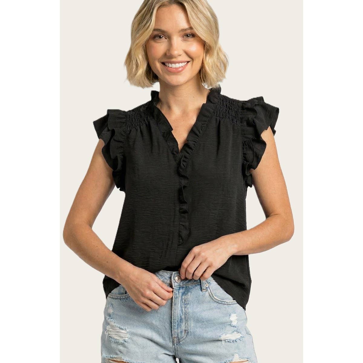 FRILLED Y SPLIT NECK SMOCKED SHOULDER TOP