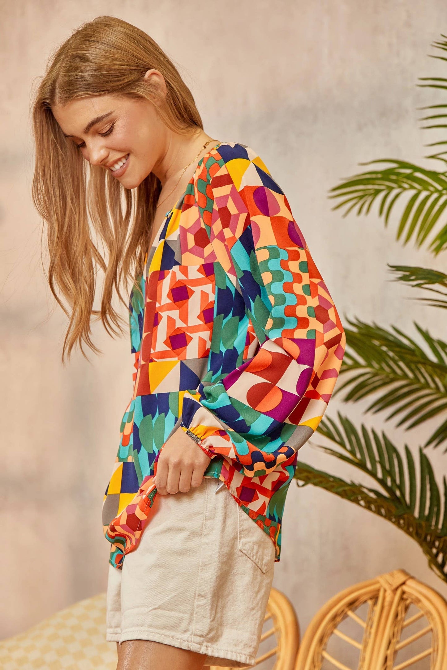 Abstract Pattern Split Neck Blouse