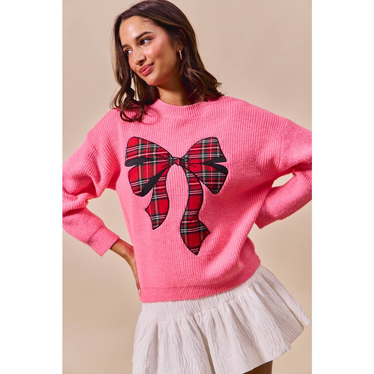 CHECKER PLAID RIBBON CHRISTMAS HOLIDAY SWEATER TOP