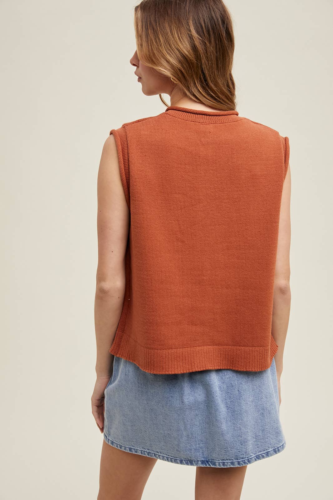 SWEATER BUTTON-UP VEST WITH ROLLED HEM DETAIL