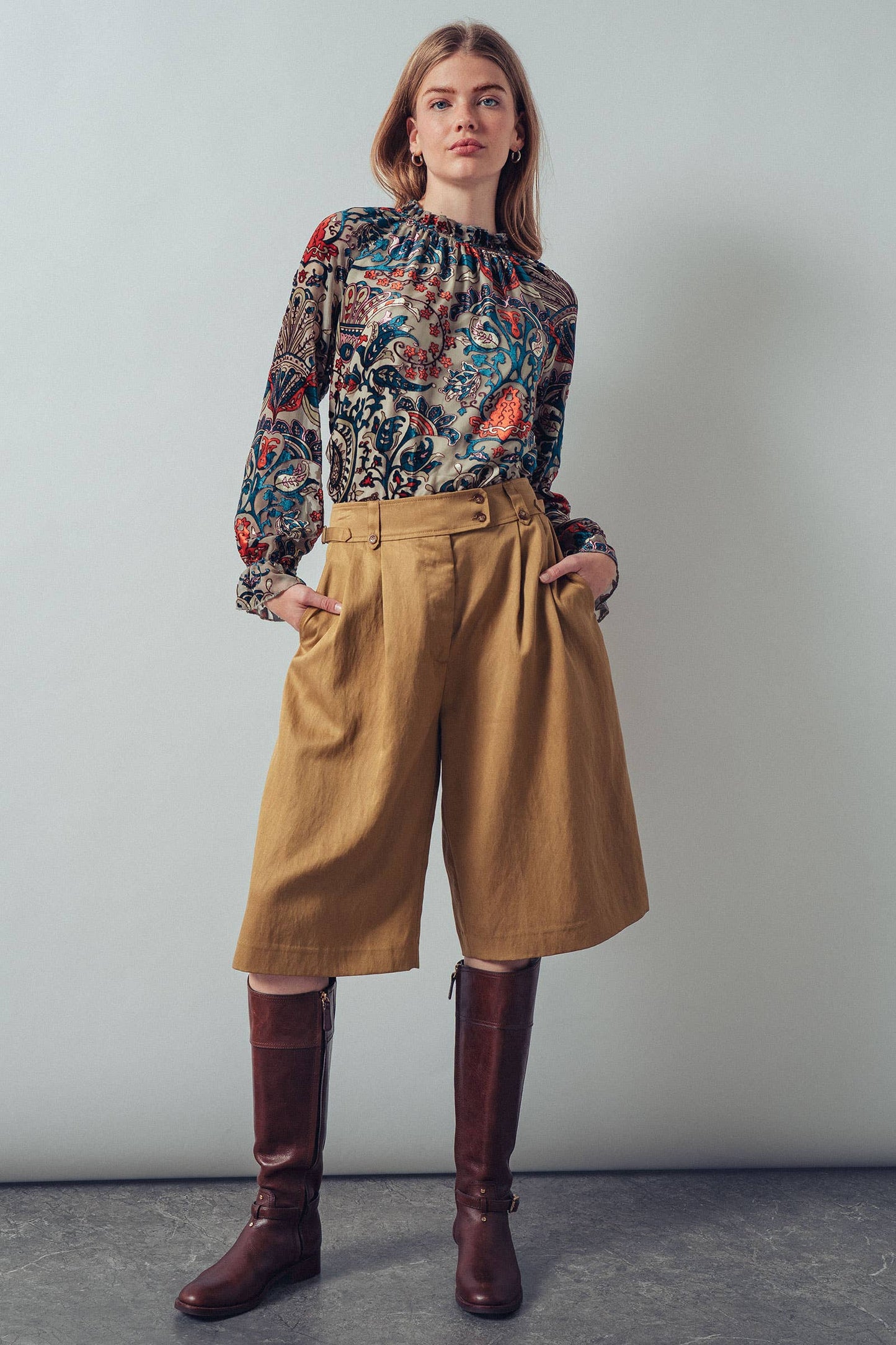 Burnout Velvet Smocked Mock Neck Blouse