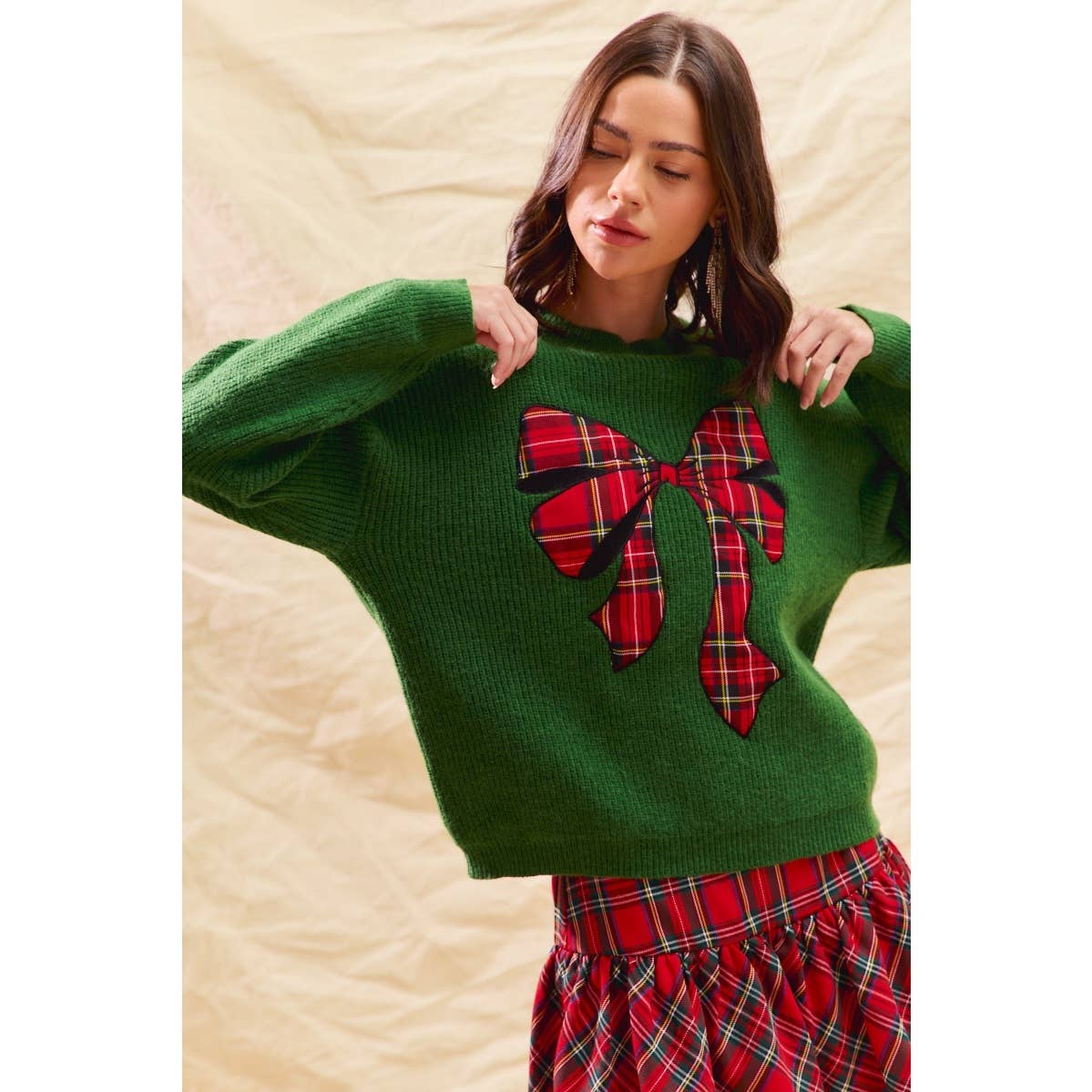 CHECKER PLAID RIBBON CHRISTMAS HOLIDAY SWEATER TOP