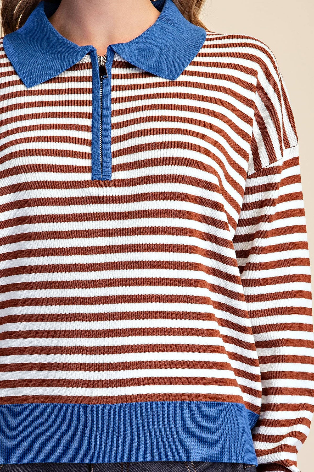 Collar Zip Neck Long Sleeve Stripe Sweater