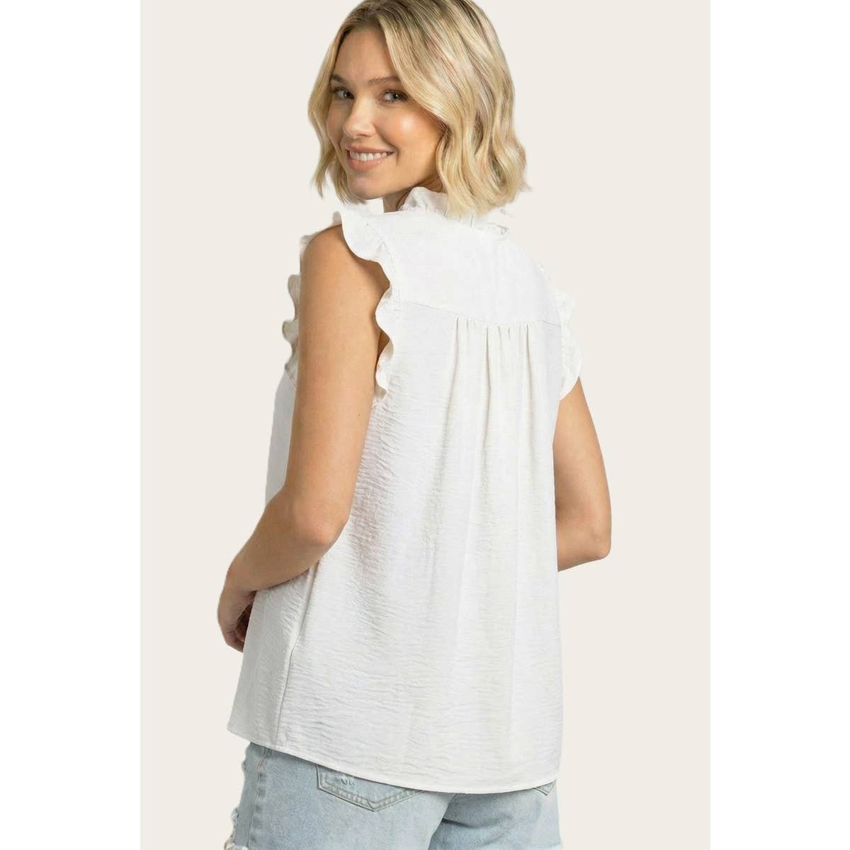 FRILLED Y SPLIT NECK SMOCKED SHOULDER TOP