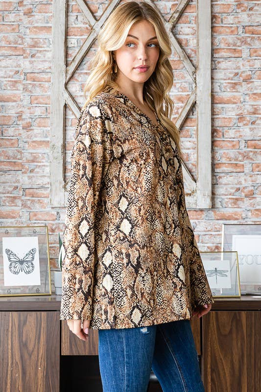 Snake Print Top with Long Sleeves and Side Slit