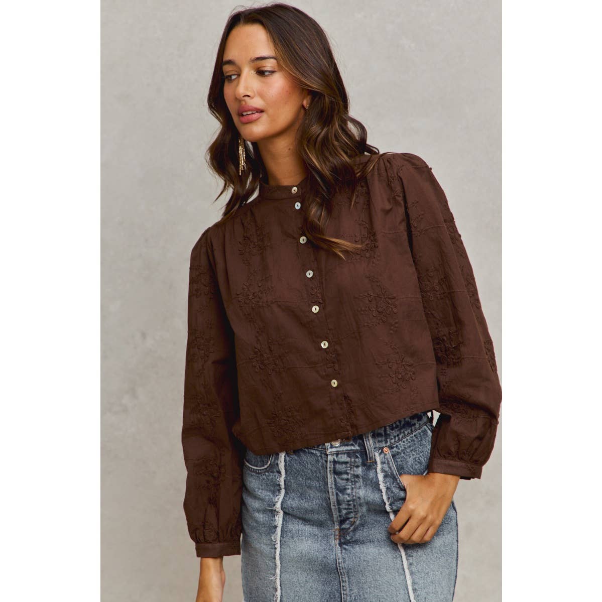 3D FLORAL WOVEN LONG SLEEVE FRONT BUTTON SHIRT