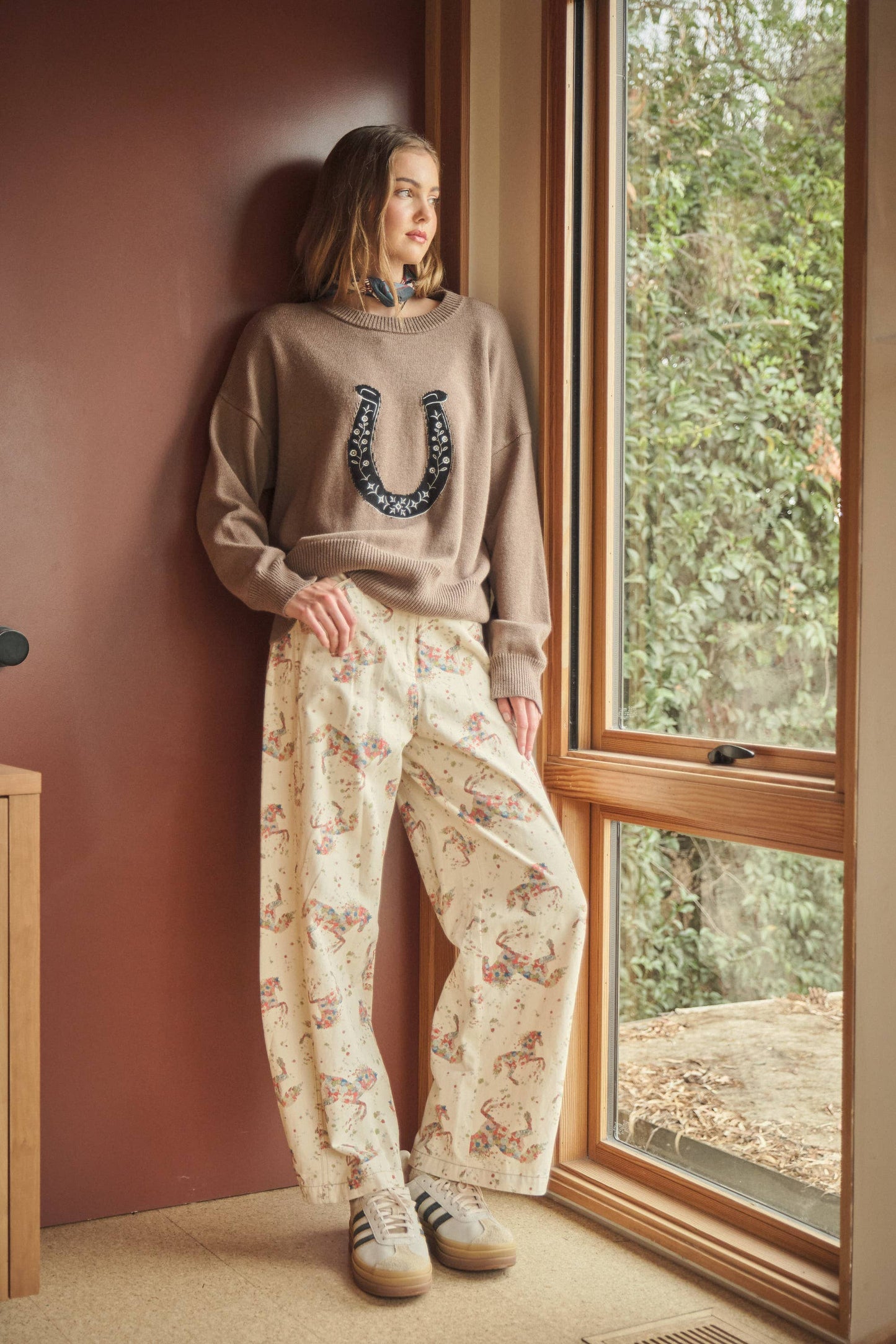 Floral Horse Print Relaxed Cotton Pants