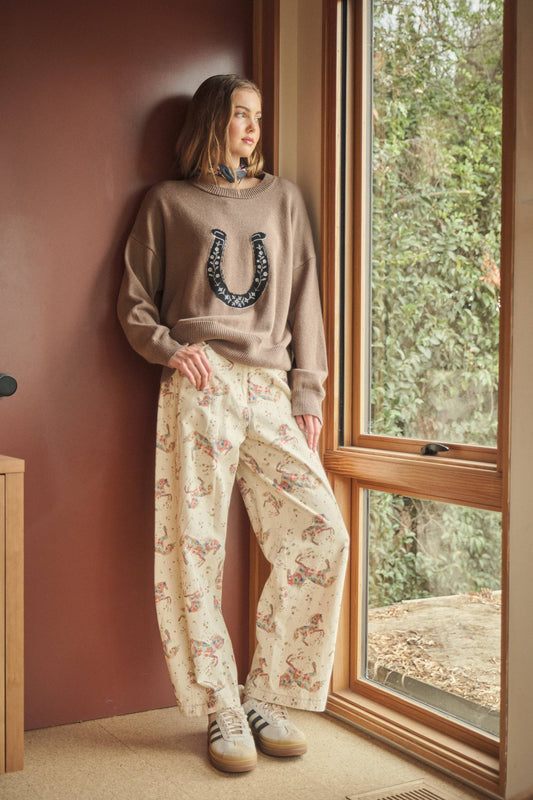 Floral Horse Print Relaxed Cotton Pants
