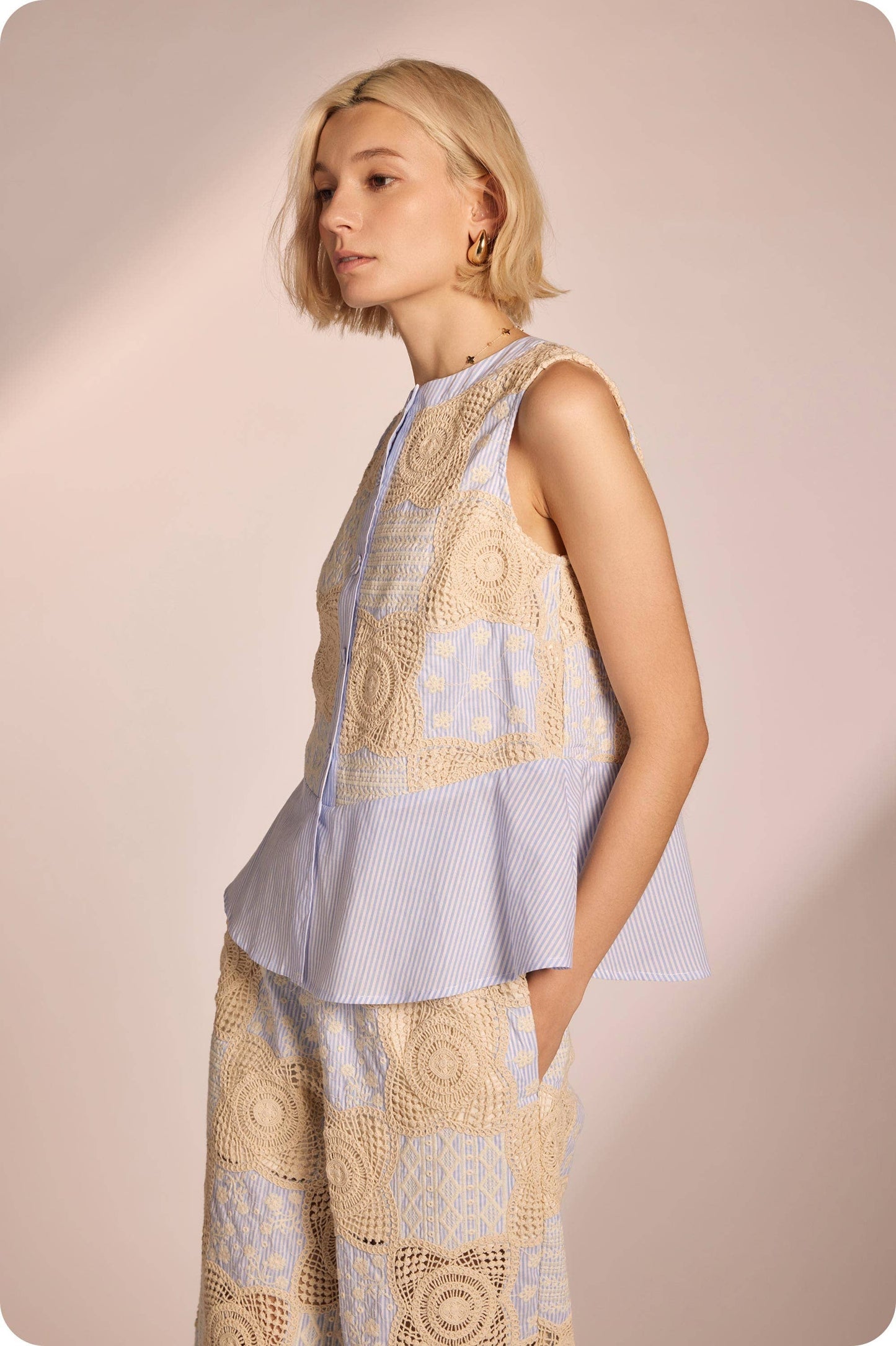 Floral Crochet Stripe Patchwork Button Down Top