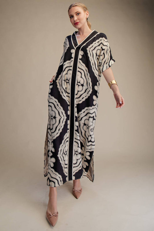 V-Neck Short Sleeve Maxi Print Dress