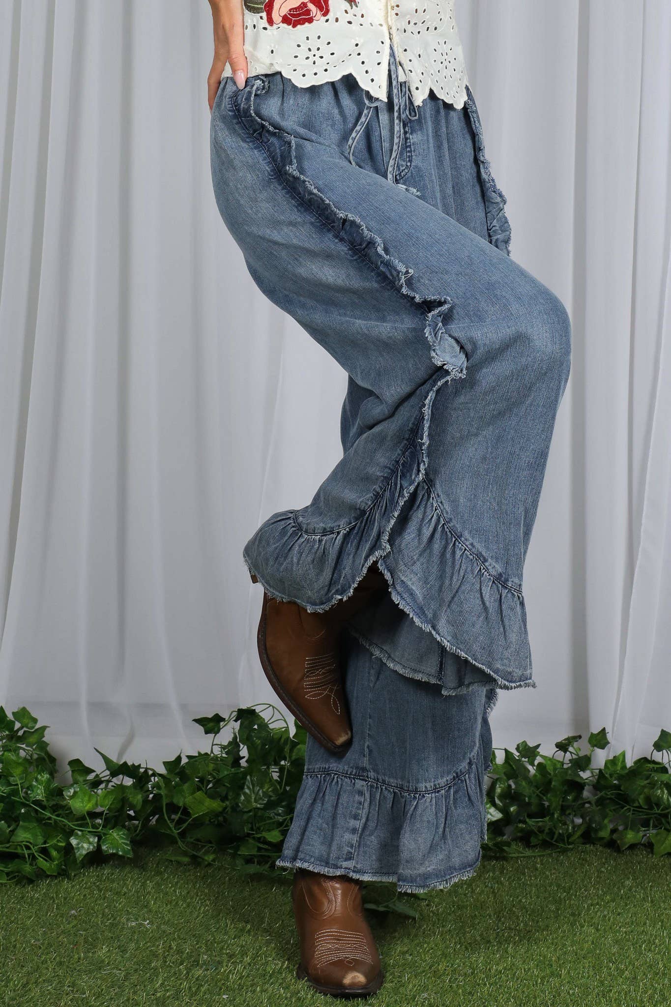 Flared Ruffle Hem Washed Chambray Crop Denim Pants
