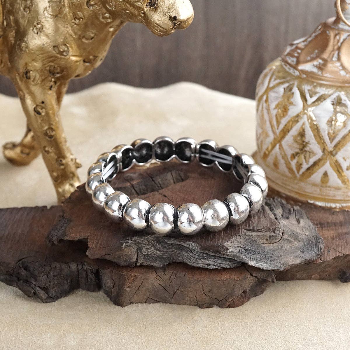 Worn Silver Tone Bubble Stretchy Bangle