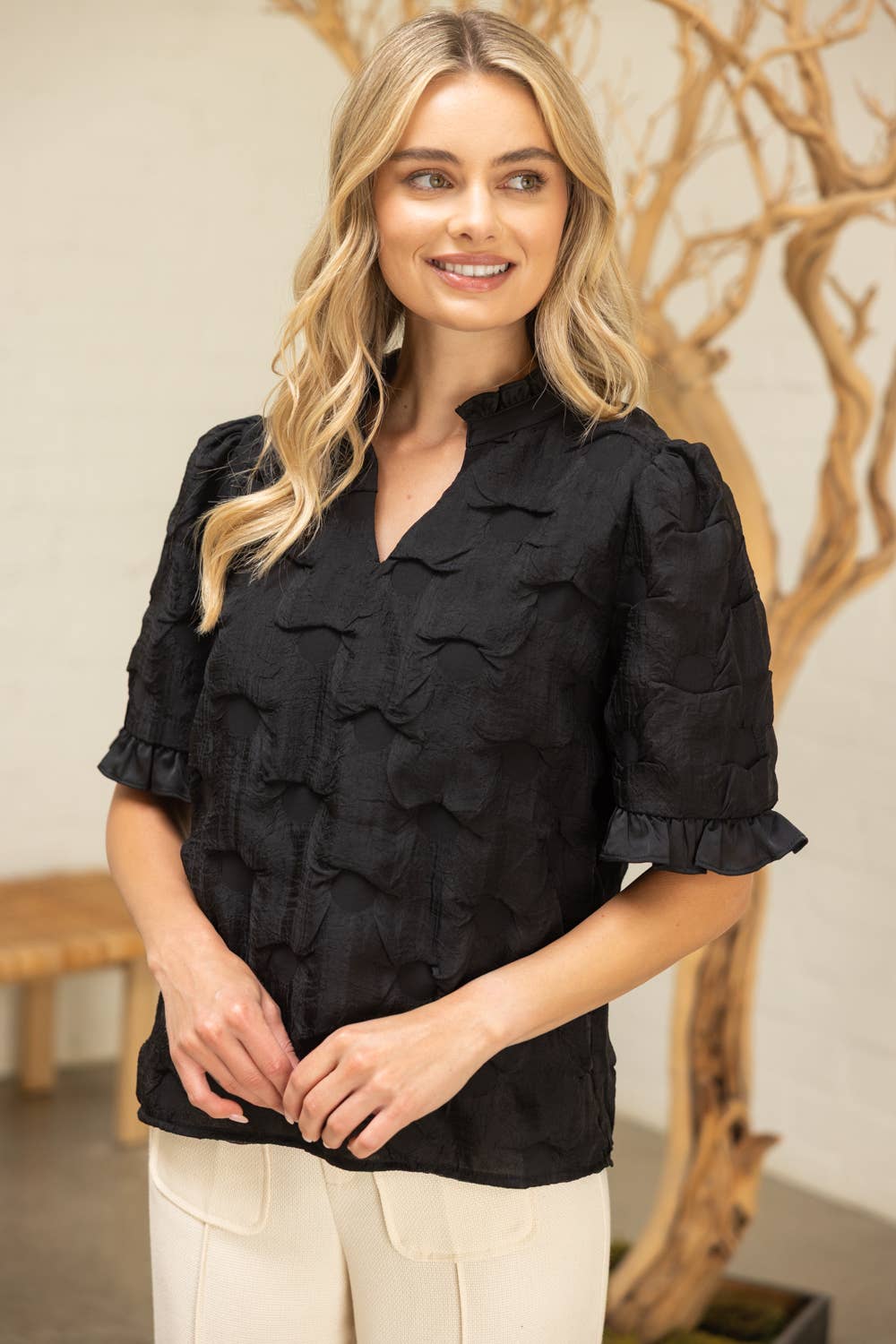 Satin Ruffled  Dotted Textured Top
