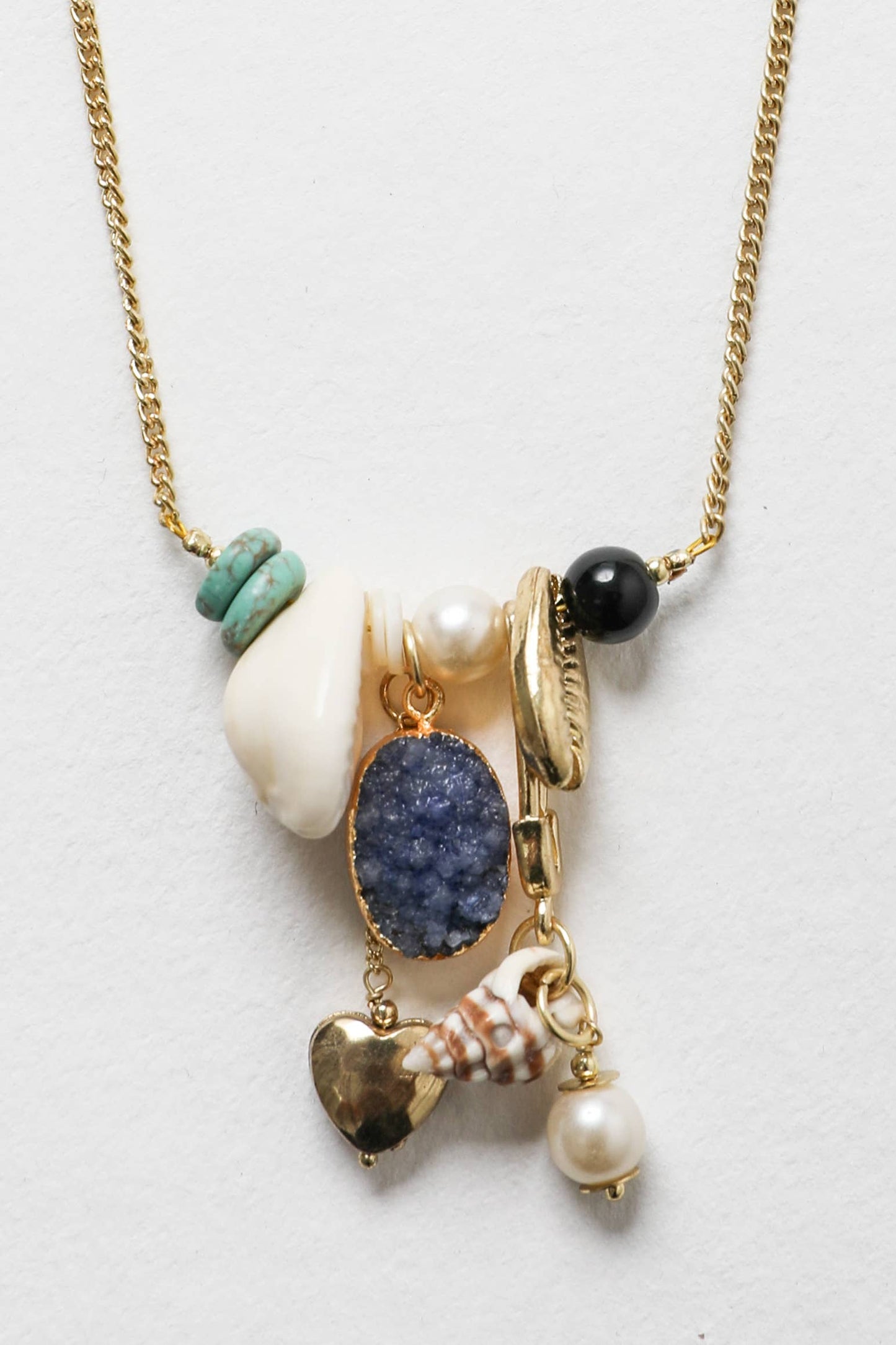 Stone Gem Charm and Shell Chain  Necklace