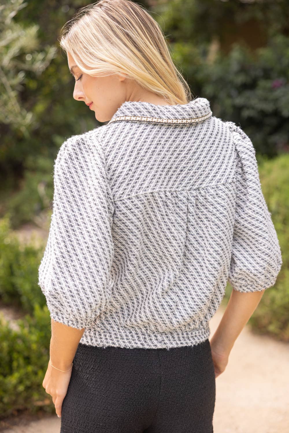 36950 Pearl Quarter Button Collared Tweed Top