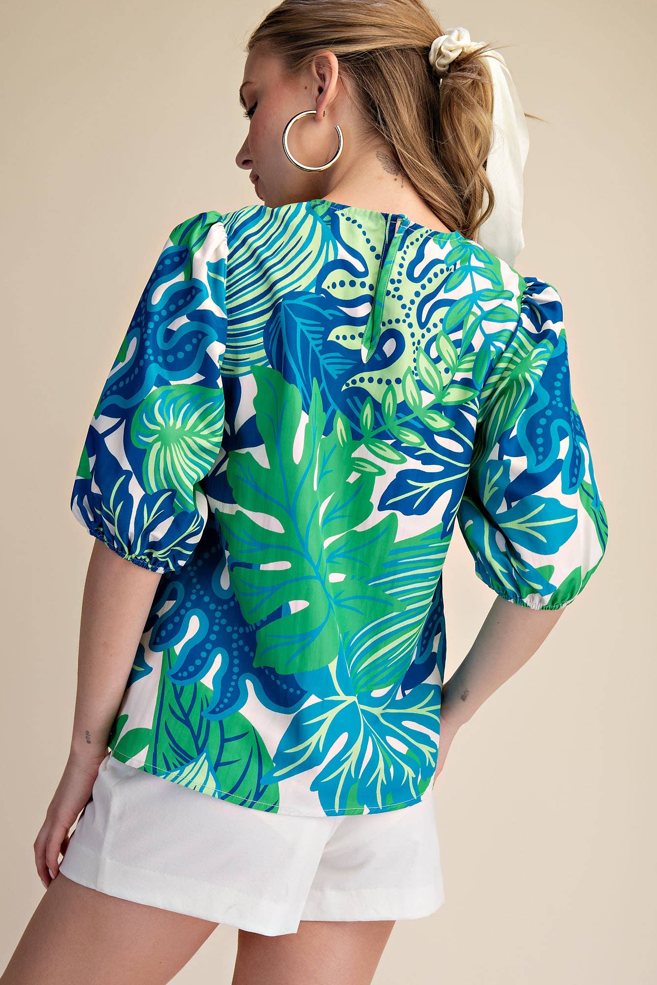 Puff Sleeve Tropical Printed Top