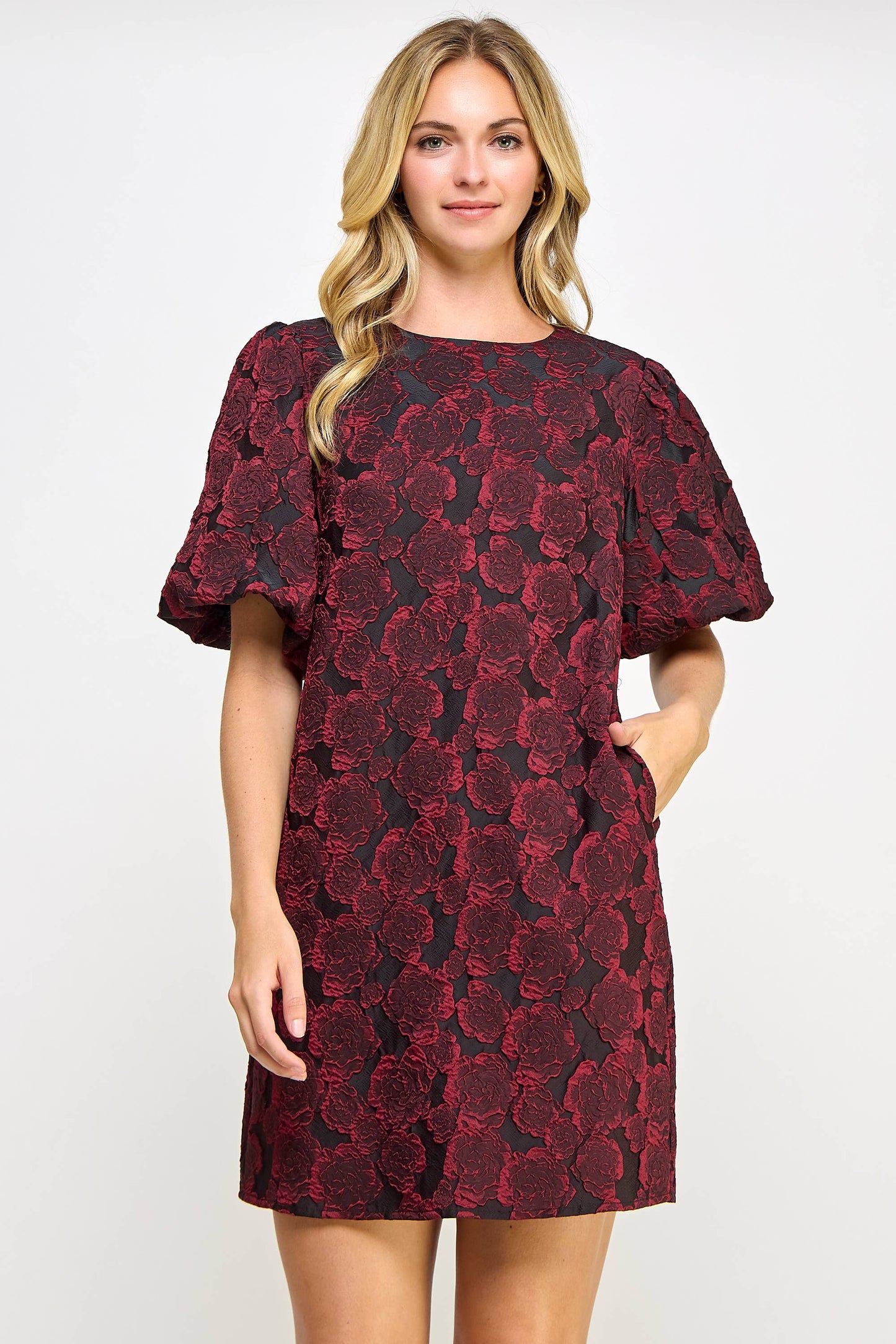 PUFF SLEEVE JACQUARD DRESS WINE