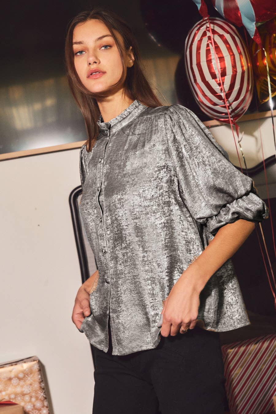 Shimmer Foiled Button Front Blouse