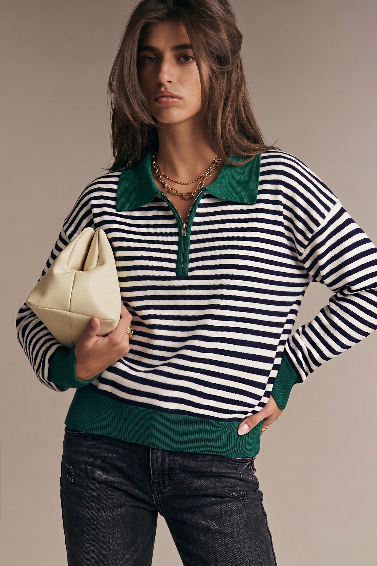 Collar Zip Neck Long Sleeve Stripe Sweater