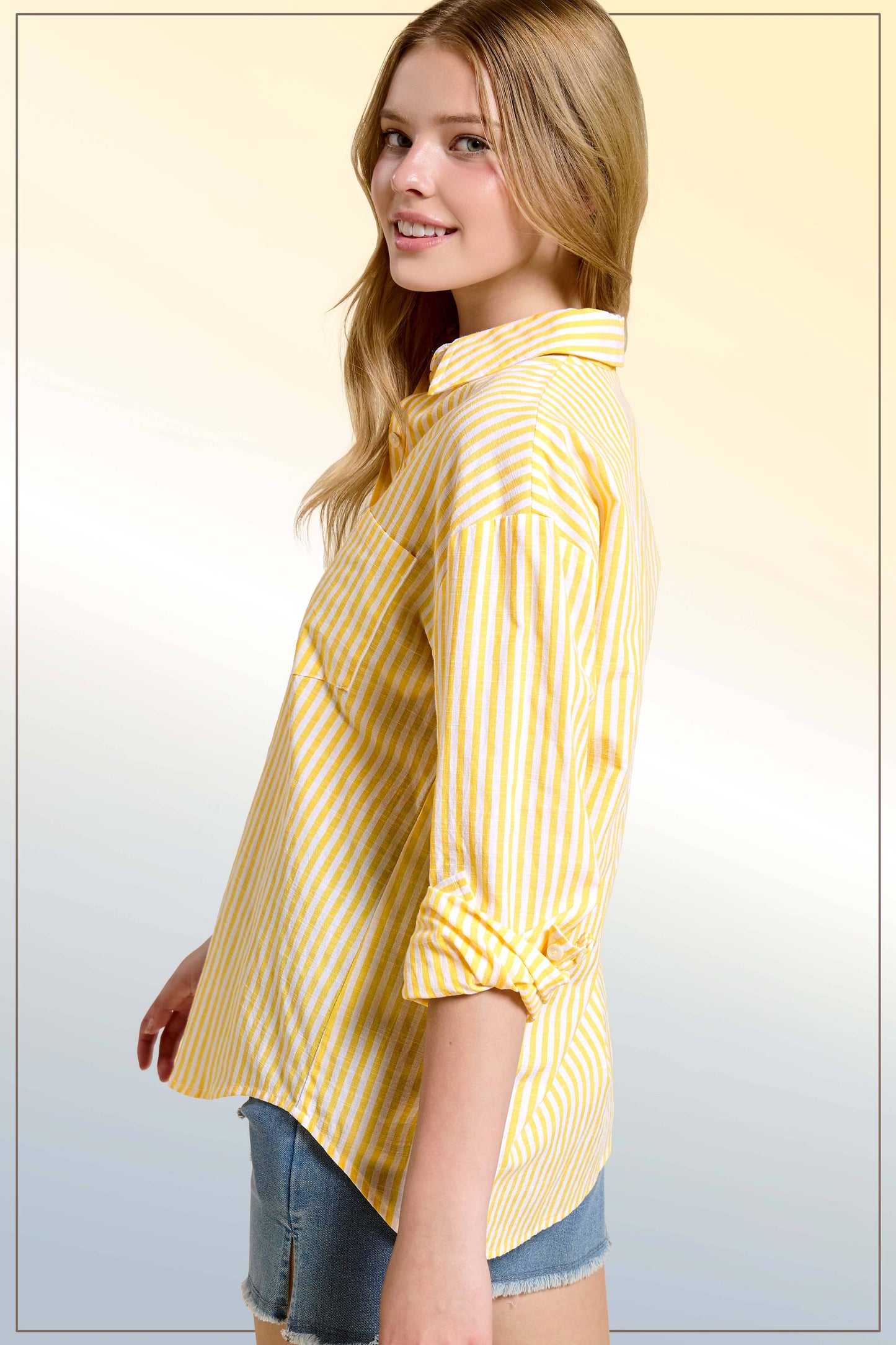 -Collared Contrast Stripe Button Down