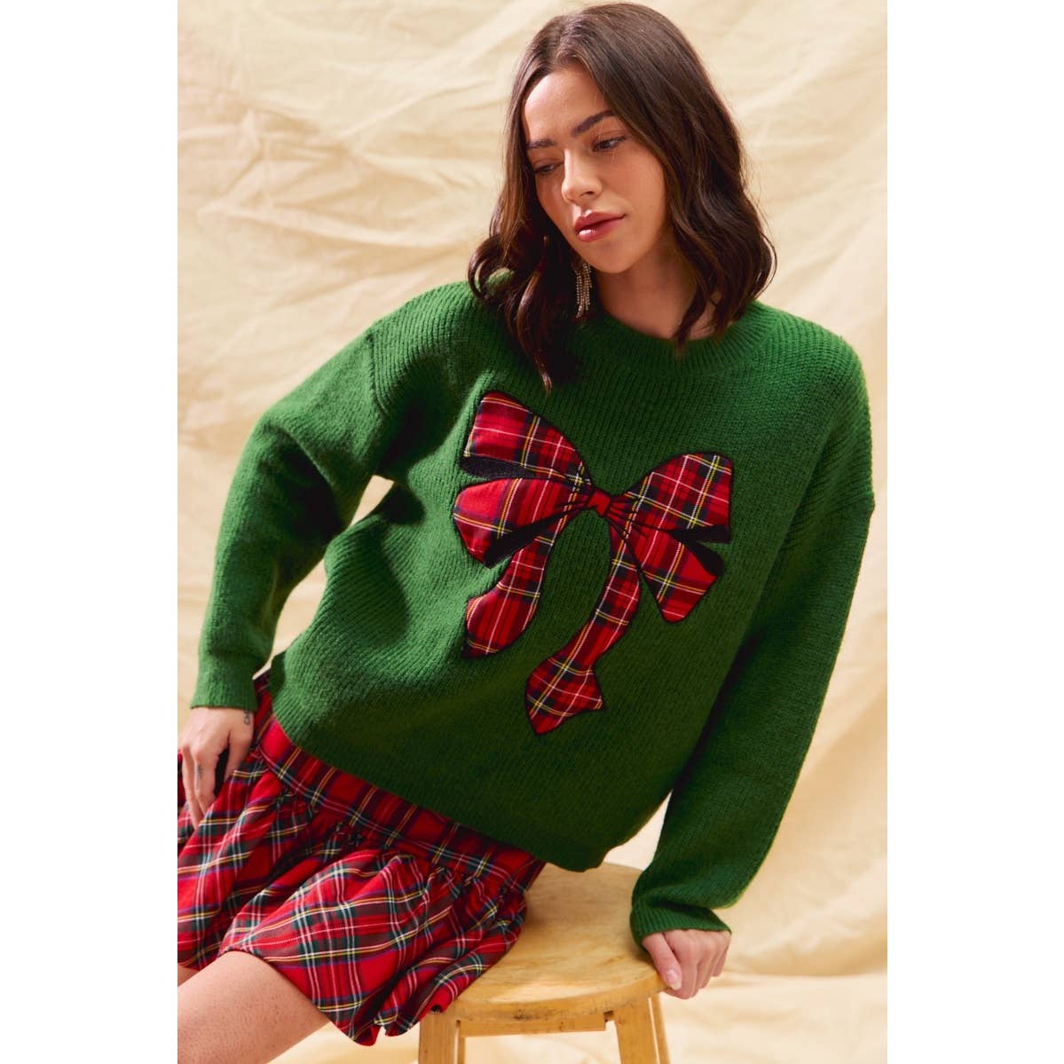 CHECKER PLAID RIBBON CHRISTMAS HOLIDAY SWEATER TOP
