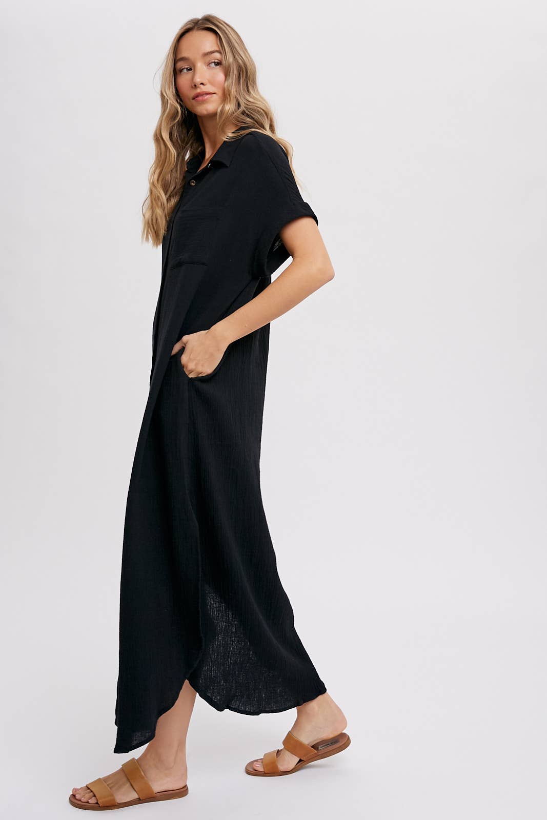 Button Up Maxi Shirt Dress with Pocket