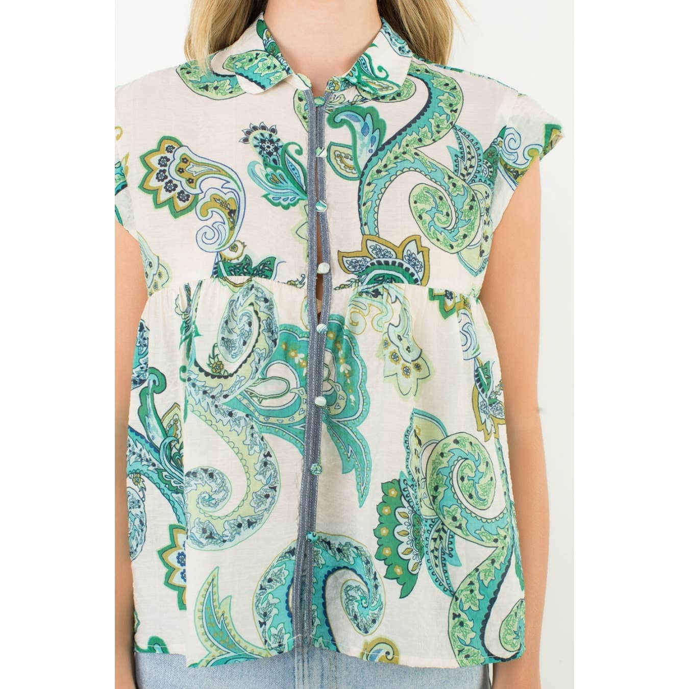 Cap Sleeve Paisley Button Down Top