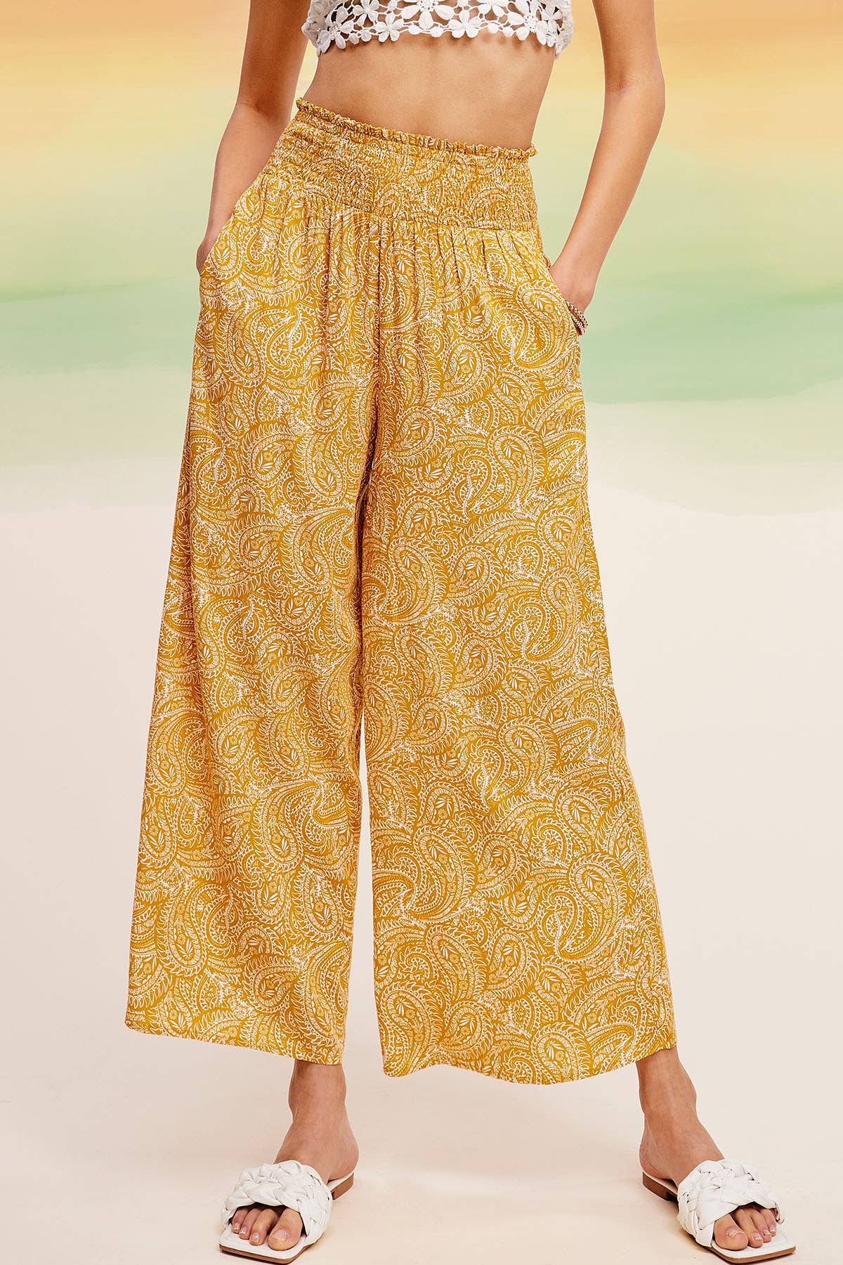 Boho Paisley Print Wide Leg Flowy Pants with Pockets