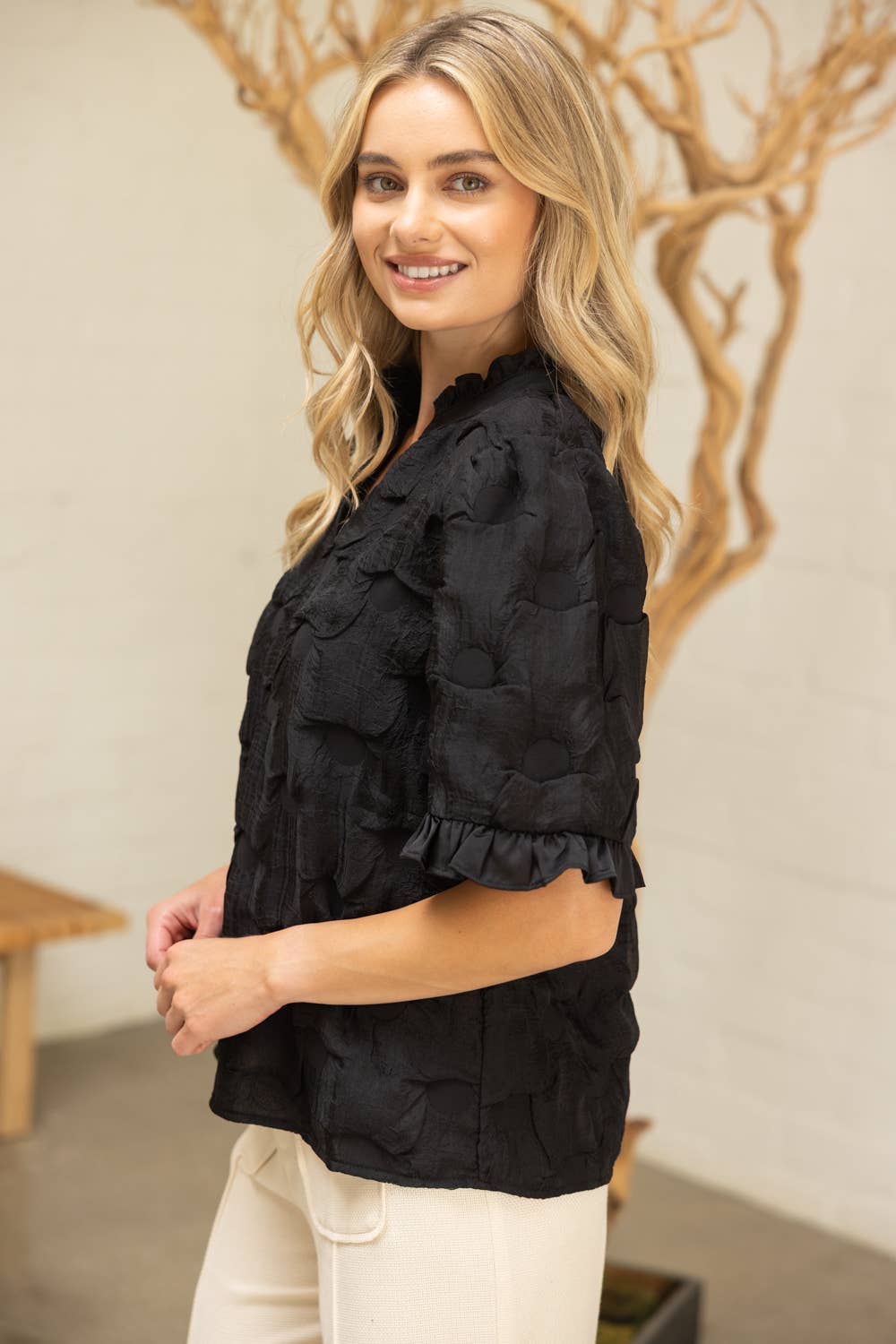 Satin Ruffled  Dotted Textured Top